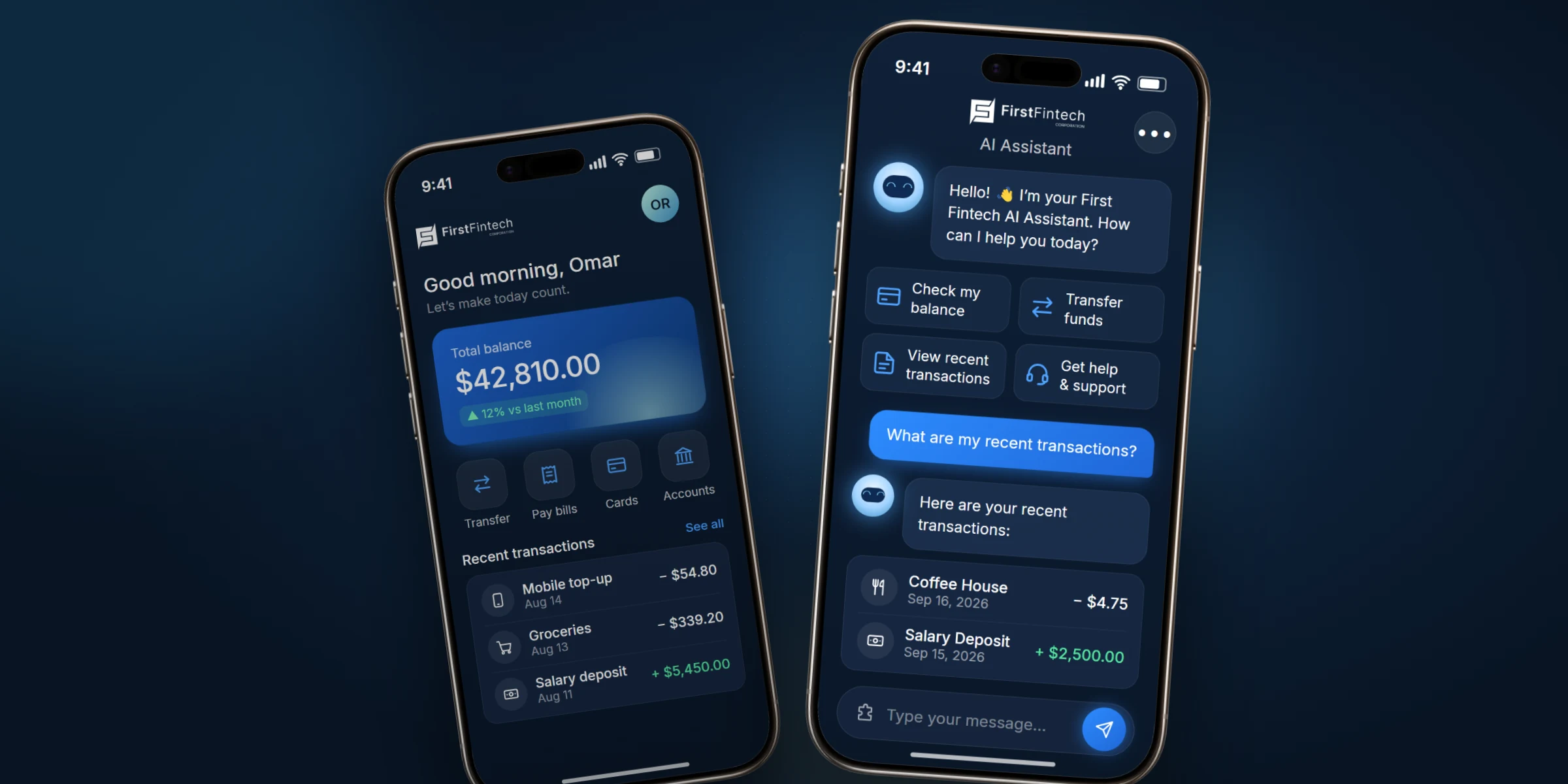 FirstFintech mobile banking app with AI assistant